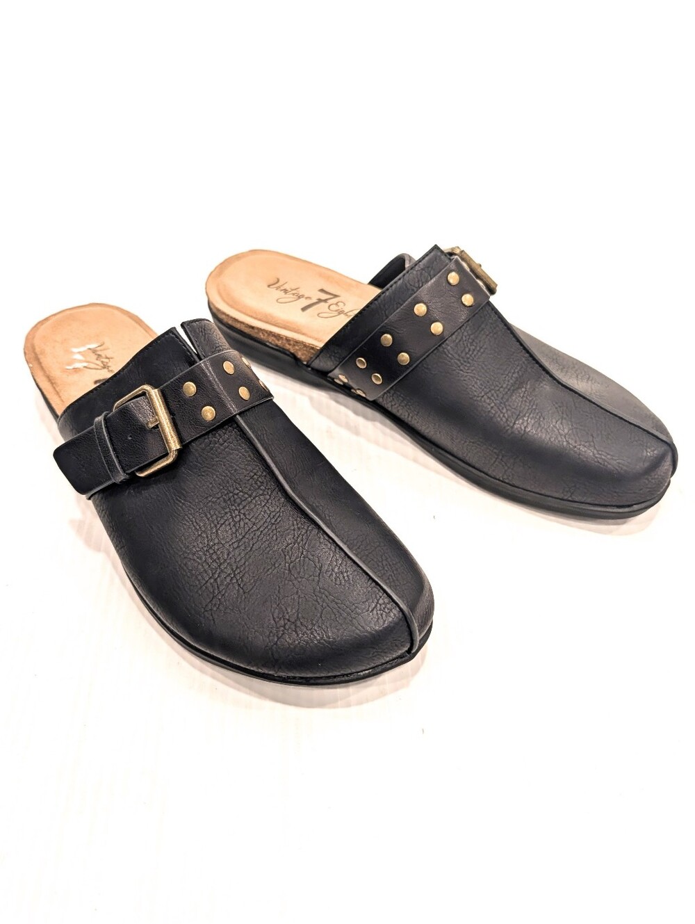 VINTAGE 7 EIGHT Elsa Black Slip-On Mule with Gold Buckle & Studs Size 8.5